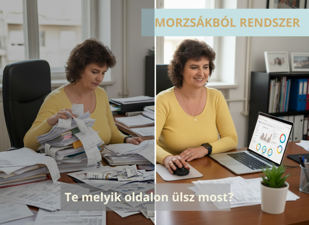 Egyéni vállalkozó morzsánként összegyűjtött információkkal dolgozik az egyik oldalon, majd rendszerezett pénzügyi átlátással a másikon – vállalkozás rendszerben látása.